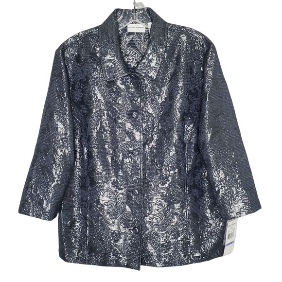 Alfred Dunner NWT Size 18 Jacket Shimmer Paisley Embroidered Button Silver Blue - Picture 2 of 8